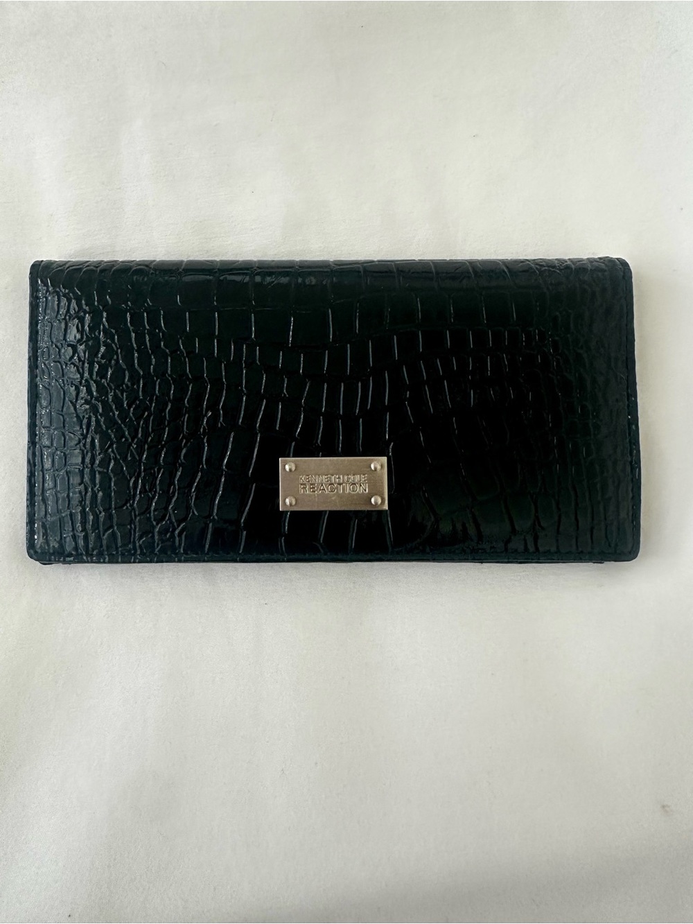 KENNETH COLE REACTION Black Croc Embossed Patent Snap Wallet Checkbook Clutch